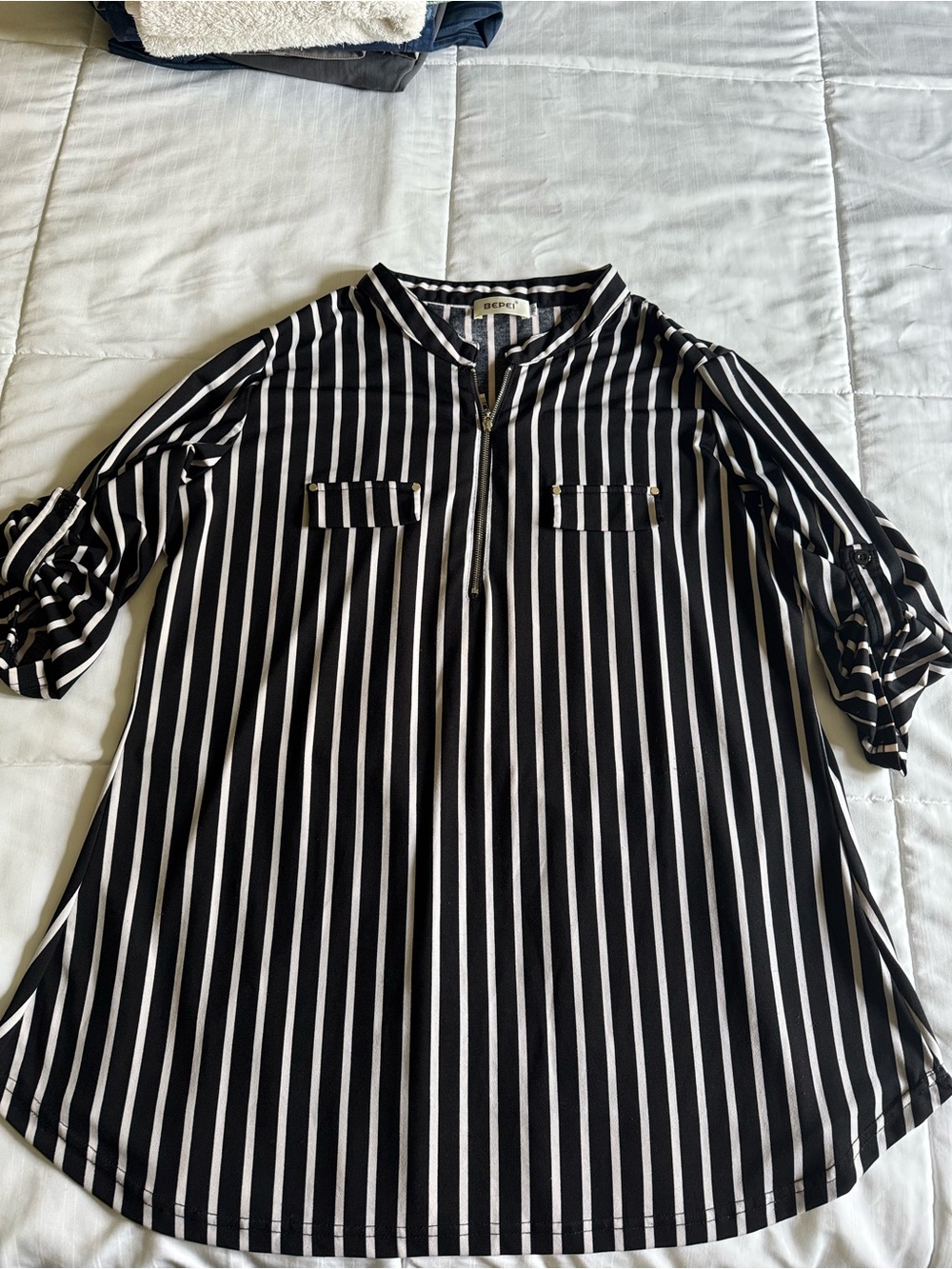 Striped Black and White Zip-Front Tunic Top